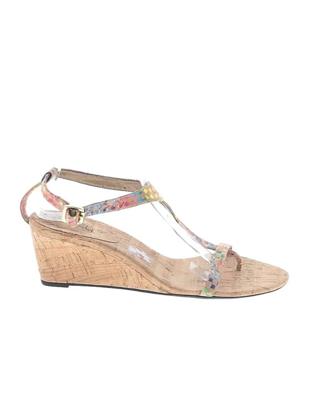Vaneli Multicolor T‑Strap Cork Wedge Sandals